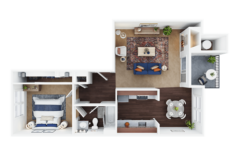 A top-down view of a small apartment with a bedroom, living room, and kitchen.